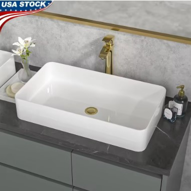 Large Rectangular White Ceramic Vessel Sink